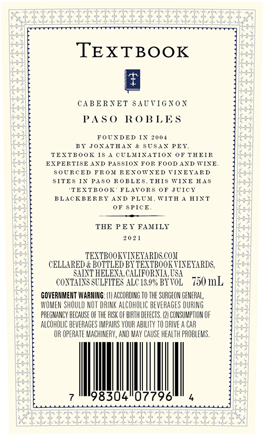 TEXTBOOK 2021 Cabernet Sauvignon Paso Robles Back Label