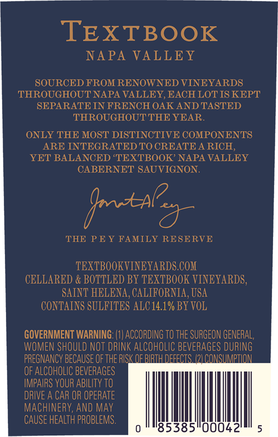 TEXTBOOK 2021 Napa Valley Reserve Cabernet Sauvignon Back Label