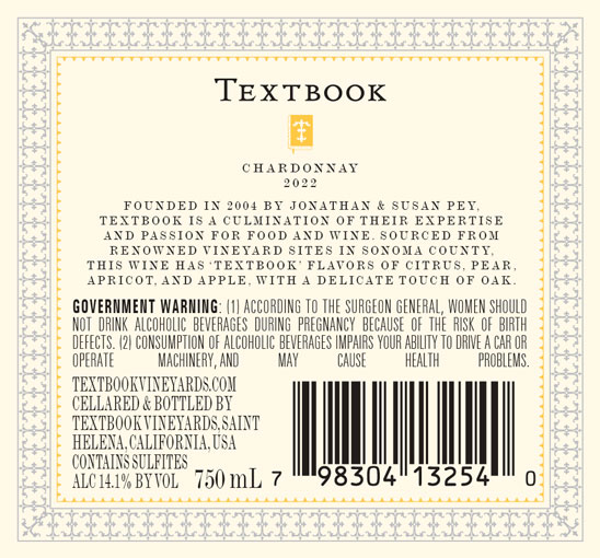 TEXTBOOK 2022 Chardonnay Sonoma County Back Label