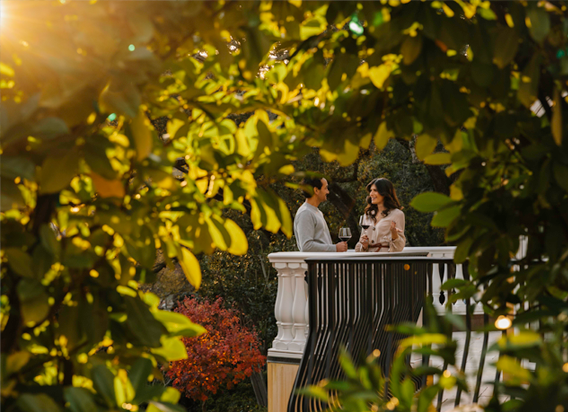 Man and woman on a balcony through a screen of leaves drinking red wine.